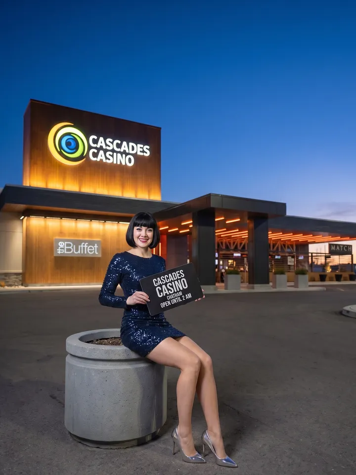 Woman with an open-until-2-AM card below the casino tower