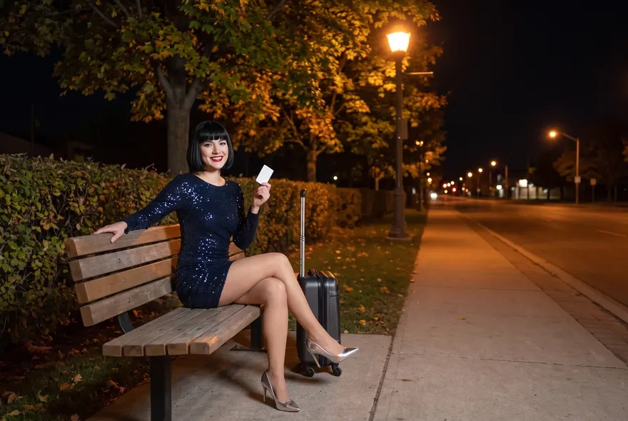 Woman with a suitcase on a lamplit bench