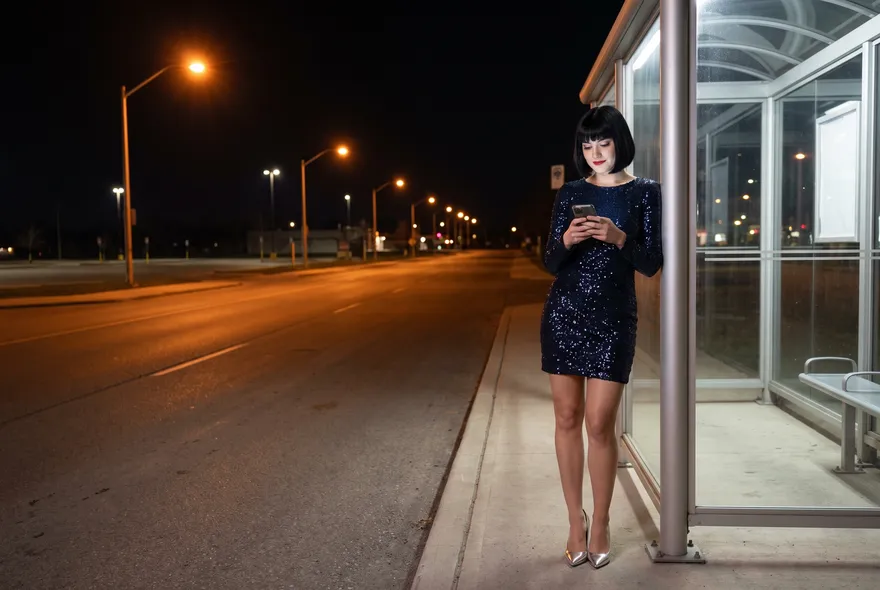 Woman by a lit bus shelter at night